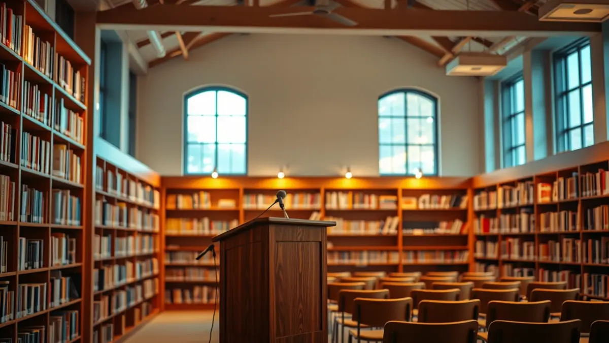 Imatge genèrica d'un interior de biblioteca amb prestatgeries de fusta i un micròfon en un podi.
