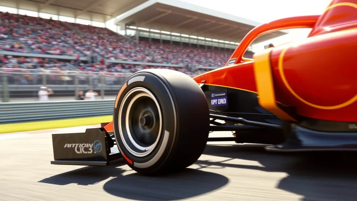 Imatge genèrica d'una roda de cotxe de carreres en una pista, amb la graderia desenfocada al fons.