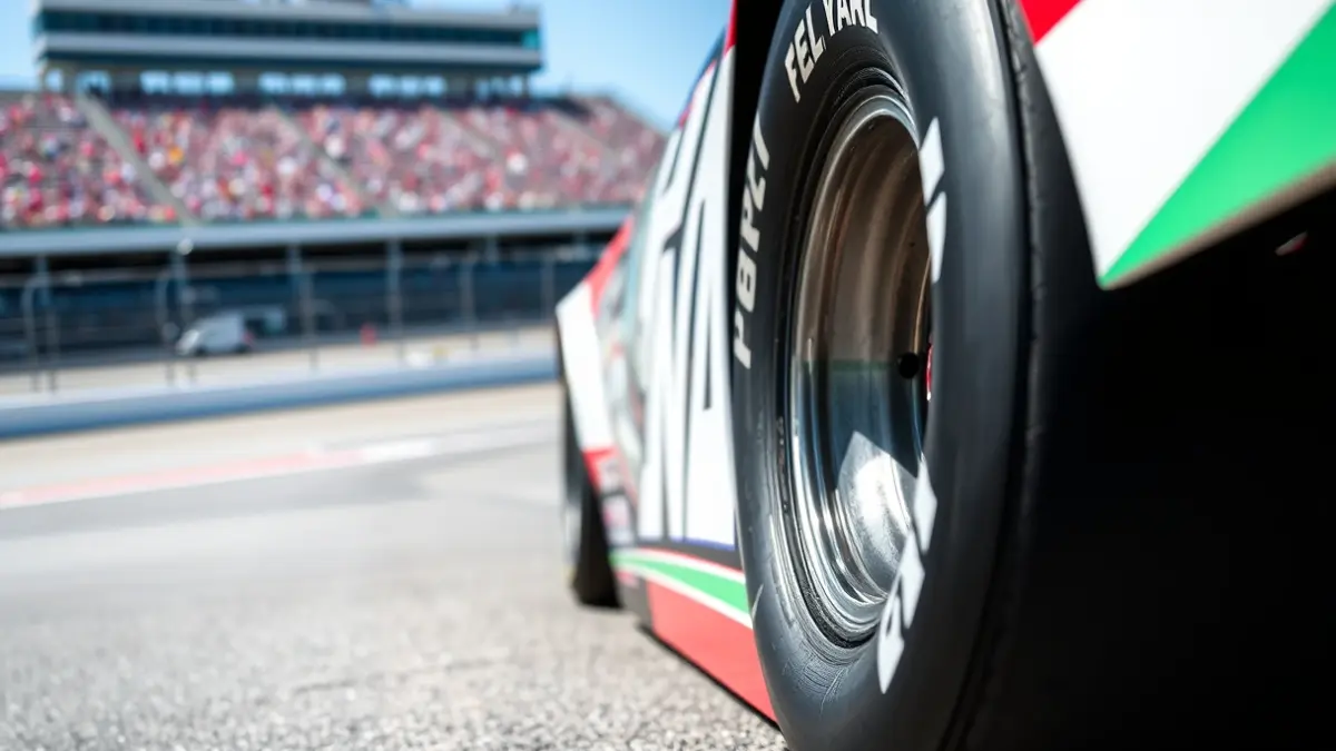 Imatge genèrica d'un pneumàtic de cotxe de carreres en una pista, amb les grades desenfocades al fons.
