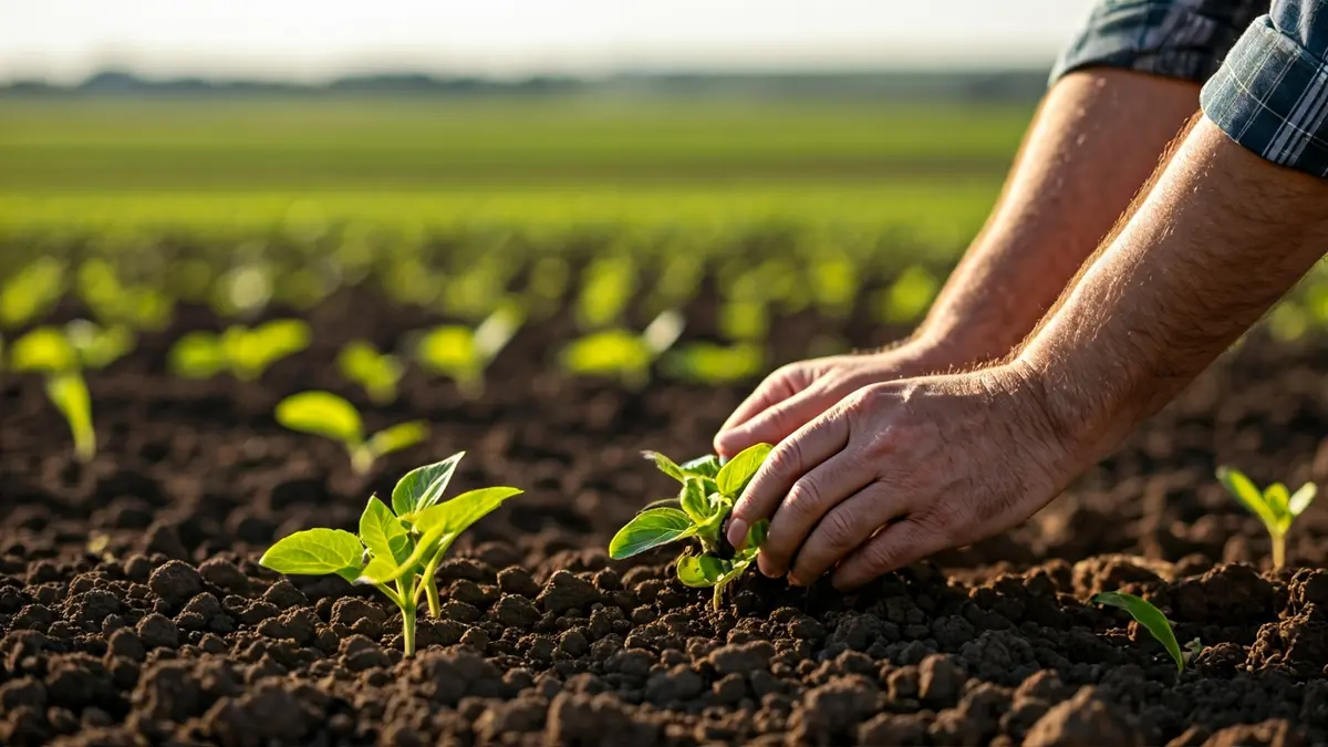 Imagen genérica de unas manos de agricultor cuidando cultivos en un campo, con un paisaje agrícola difuminado al fondo.