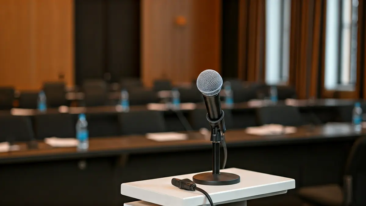 Imagen genérica de un micrófono en un atril en una sala de conferencias.