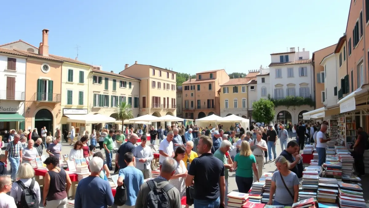 Imagen de una feria del libro en una plaza, con gente buscando libros y participando en actividades culturales.