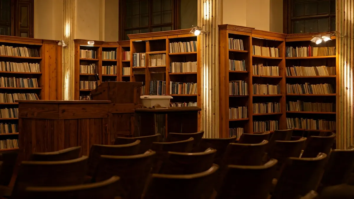 Generic image of a book presentation room with wooden bookshelves and a podium with a microphone.