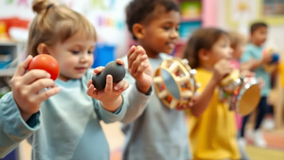 Generic image of children's hands playing musical instruments in a playful setting.
