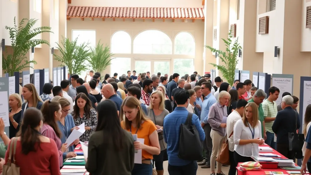 Imatge genèrica d'una fira d'ocupació amb molta gent interactuant en els estands.