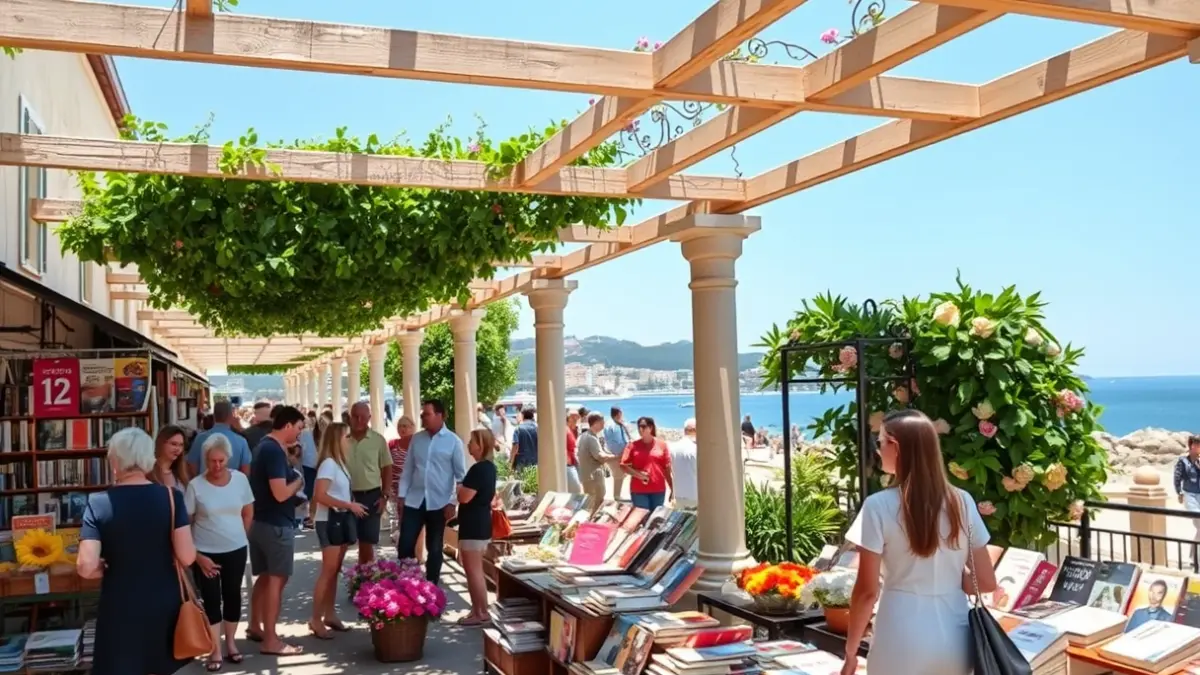 Image of an outdoor book fair with many attendees and stalls selling books and flowers.