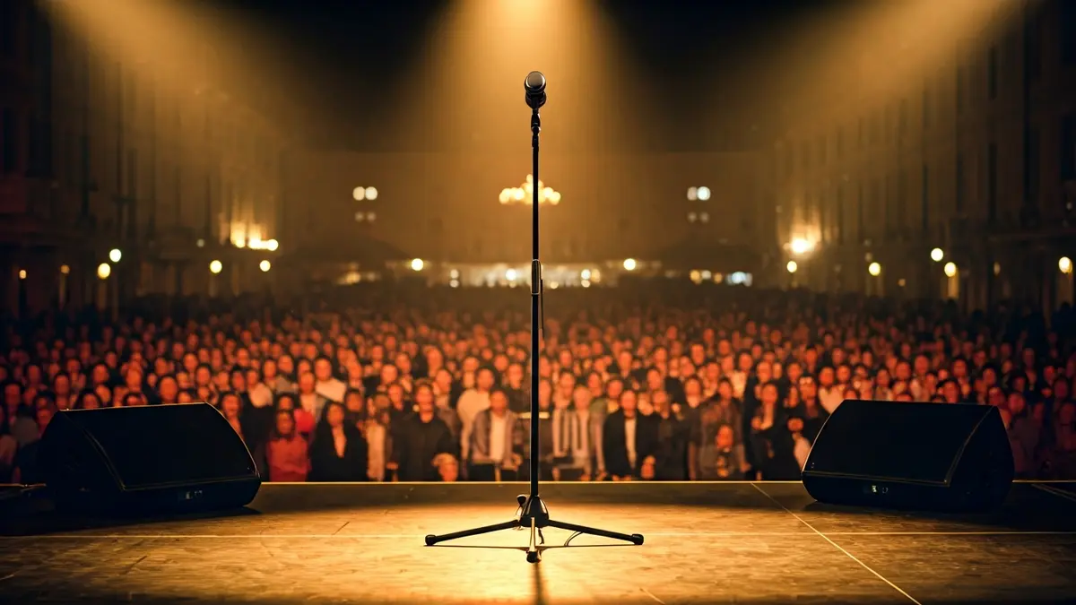 Imatge genèrica d'un escenari amb un micròfon i llums càlides, amb el públic difuminat al fons.