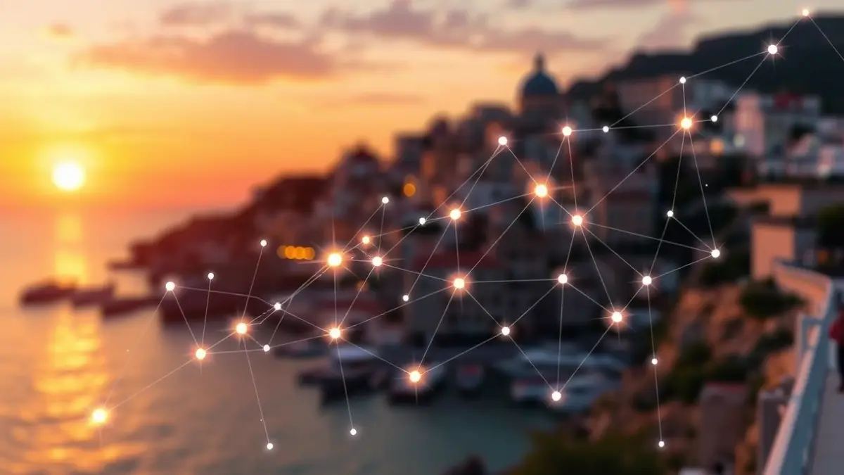 Imatge genèrica d'una representació abstracta de dades i creixement, amb línies interconnectades i nodes brillants, sobre un fons difuminat d'una ciutat costanera mediterrània al capvespre, simbolitzant la planificació estratègica i el desenvolupament turístic.
