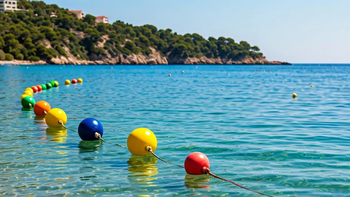 Imatge genèrica de boies de balisament flotant a l'aigua prop d'una platja.