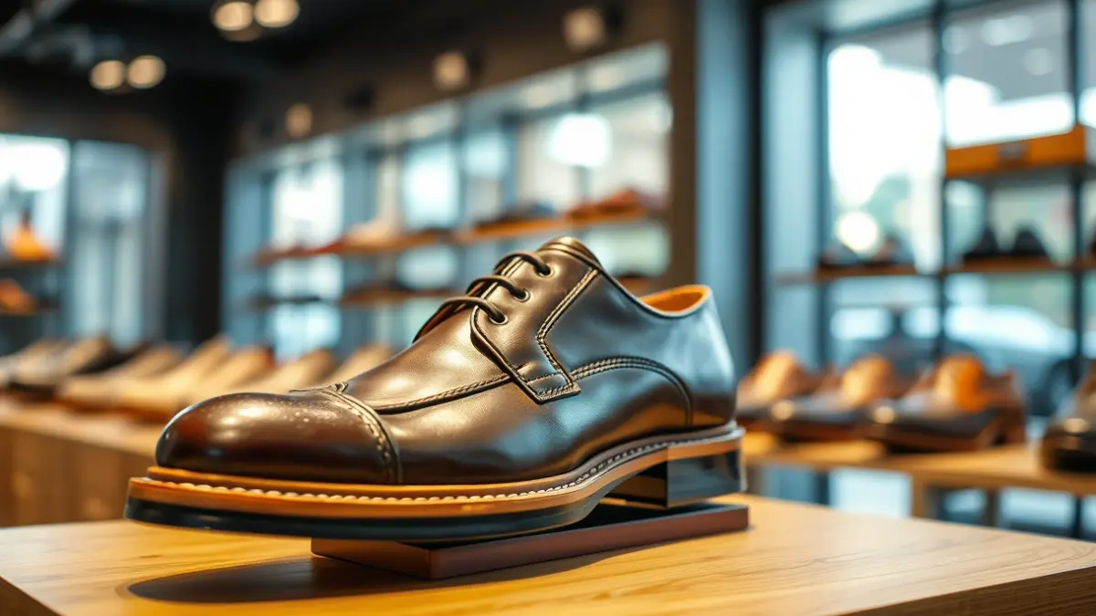 Imatge genèrica d'una sabata de cuiro en un expositor, representant la indústria del calçat.