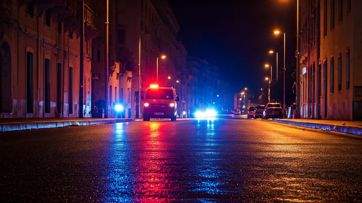 Imagen genérica de luces de emergencia reflejándose sobre el asfalto mojado de noche.