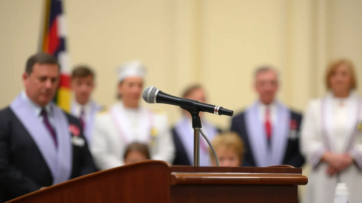 Imatge genèrica d'un micròfon en un podi durant un acte commemoratiu.