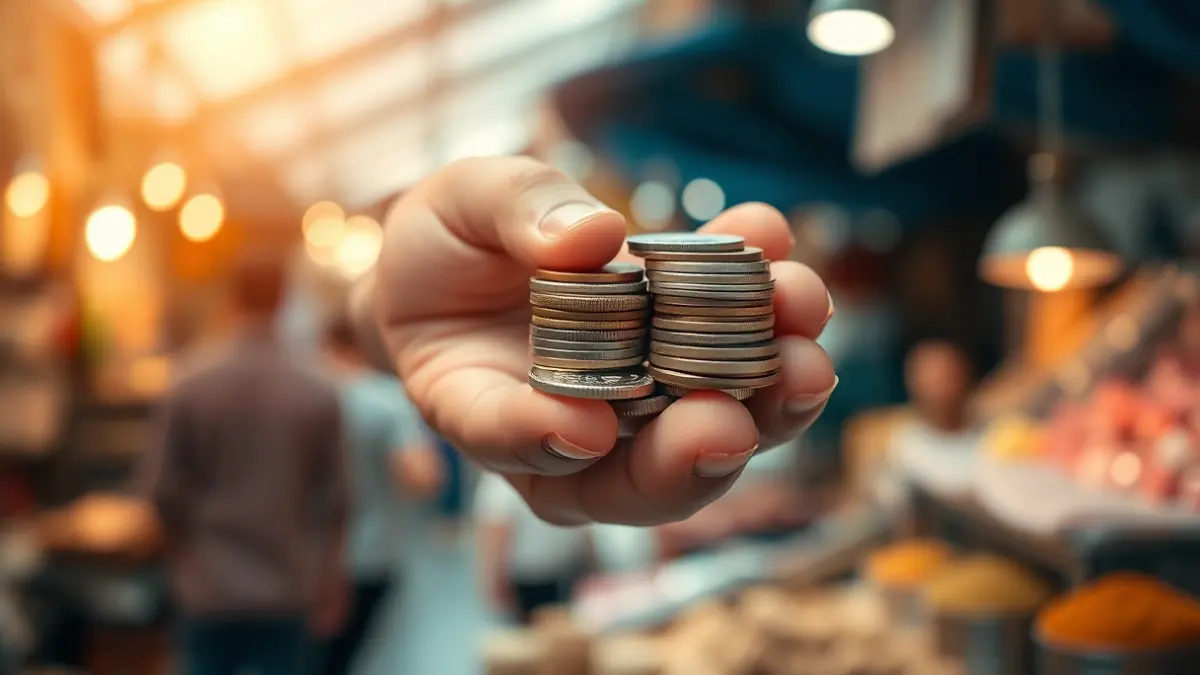 Imatge genèrica de monedes en una mà, amb un fons borrós d'un mercat o tenda, simbolitzant l'economia i el comerç.