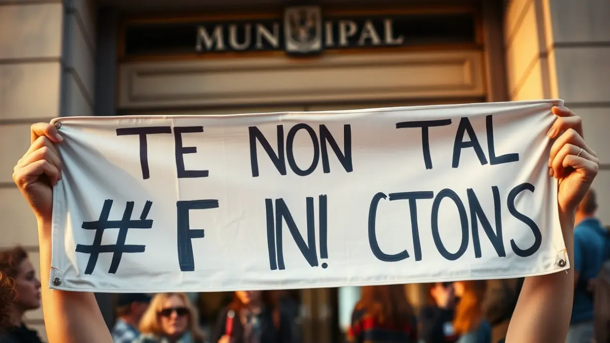 Imatge d'una pancarta de protesta davant d'un edifici municipal, amb figures borroses al fons.