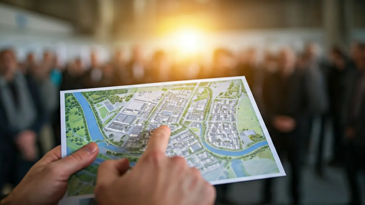 Imatge d'una mà assenyalant un mapa amb un projecte industrial i un riu.