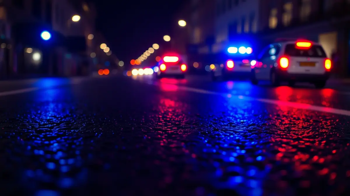 Generic image of emergency lights reflecting on wet asphalt at night.