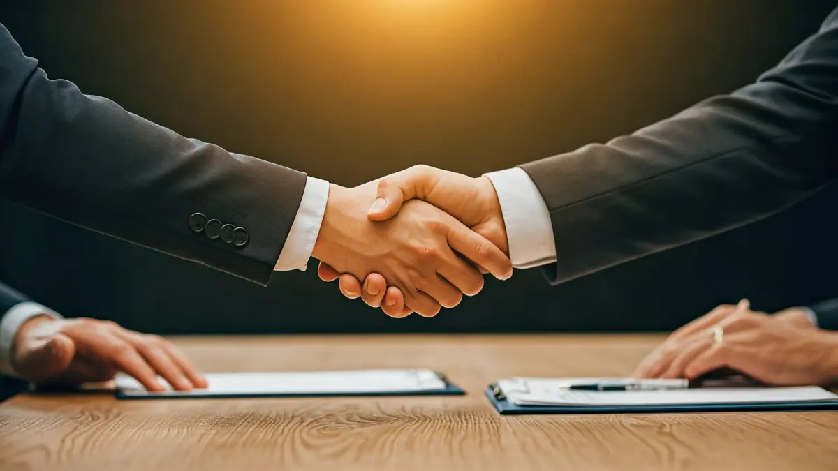 Generic image of two hands shaking over a desk with blurred documents, symbolizing employment collaboration.