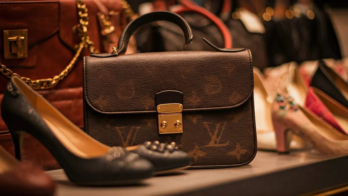 Image of counterfeit products, including handbags, clothing, and footwear, with blurred brand logos.