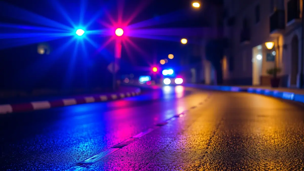 Imatge genèrica de llums d'emergència reflectint-se en l'asfalt mullat de nit en un carrer mediterrani.