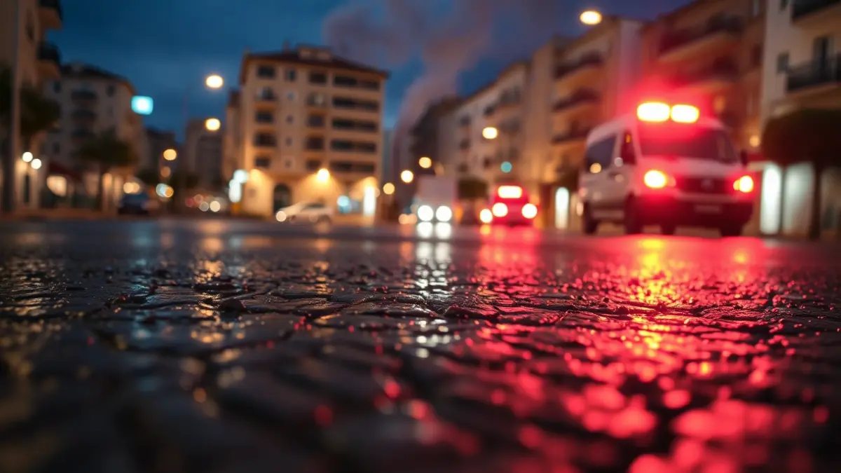 Imagen de emergencia con luces reflejándose en el asfalto y humo en la distancia.