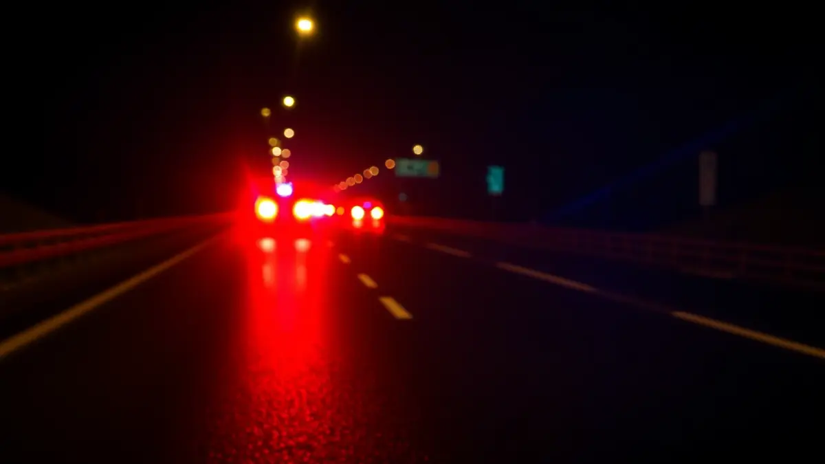 Generic image of emergency lights reflecting on wet asphalt of a highway.