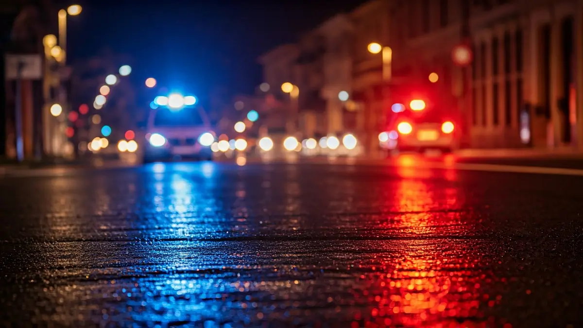 Imatge genèrica de llums d'emergència reflectint-se en l'asfalt mullat de nit.