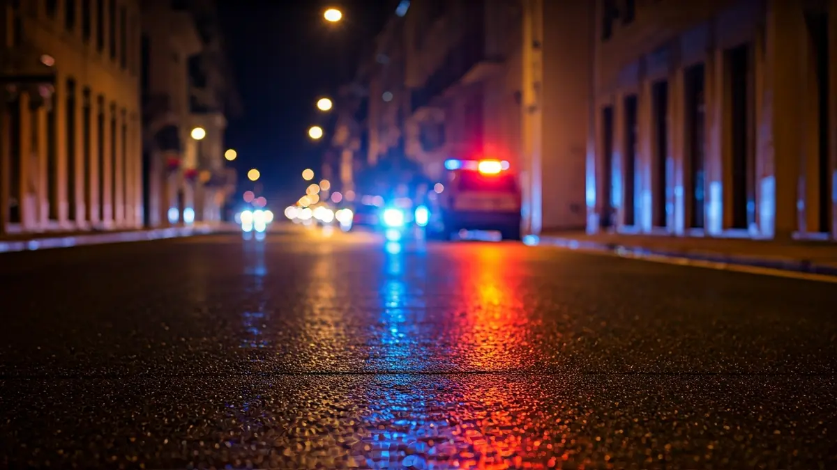 Generic image of emergency lights reflected on wet asphalt.