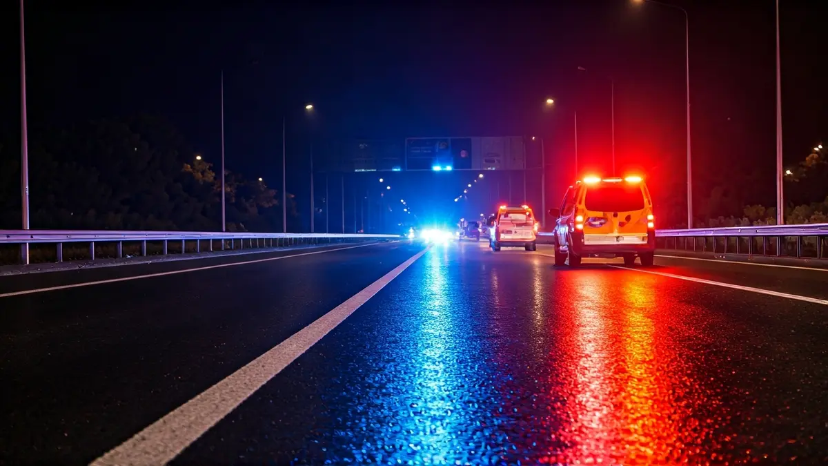 Imatge genèrica de llums d'emergència reflectint-se sobre l'asfalt mullat en una autopista.