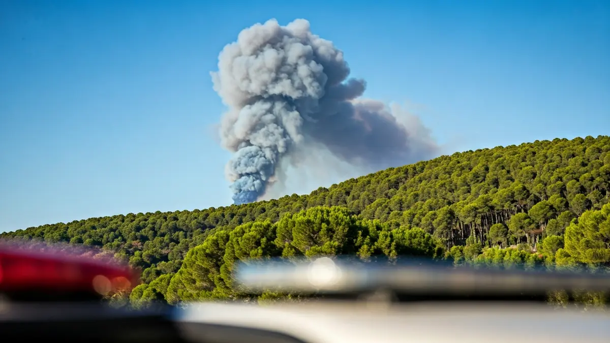 Imatge d'una columna de fum gris elevant-se sobre un bosc de pins verd en un paisatge mediterrani, amb llums d'emergència borroses en primer pla.