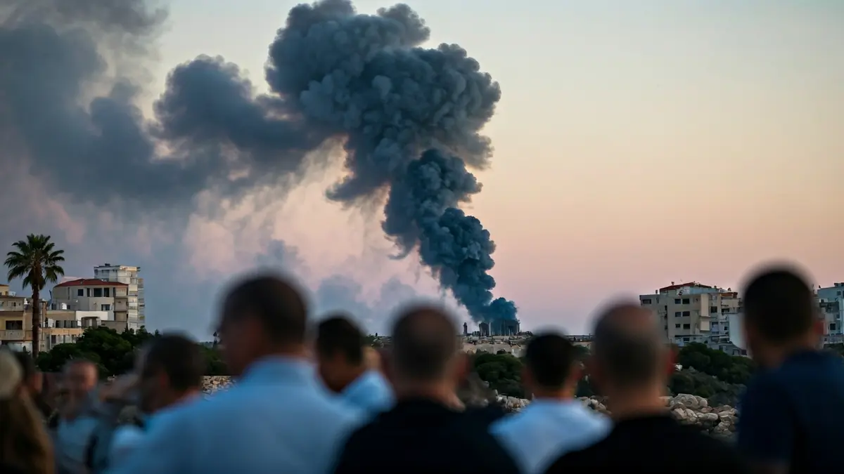 Imagen de una columna de humo saliendo de un edificio abandonado en una ciudad costera mediterránea, con luces de emergencia borrosas en primer plano.