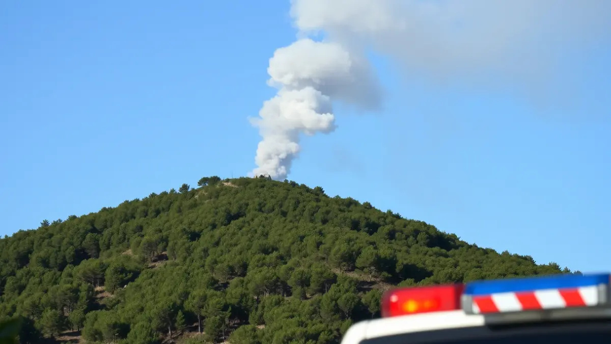 Imatge d'una columna de fum gris elevant-se sobre un paisatge mediterrani, amb llums d'emergència borroses en primer pla.