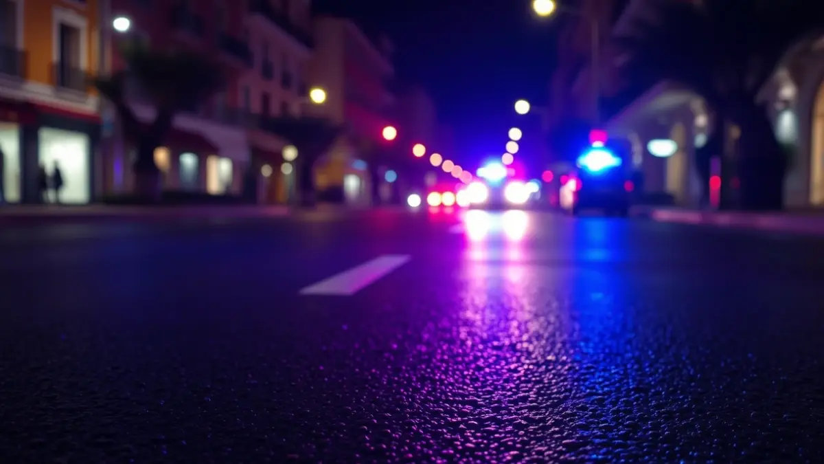 Imagen genérica de luces de emergencia reflejándose en el asfalto mojado de noche.