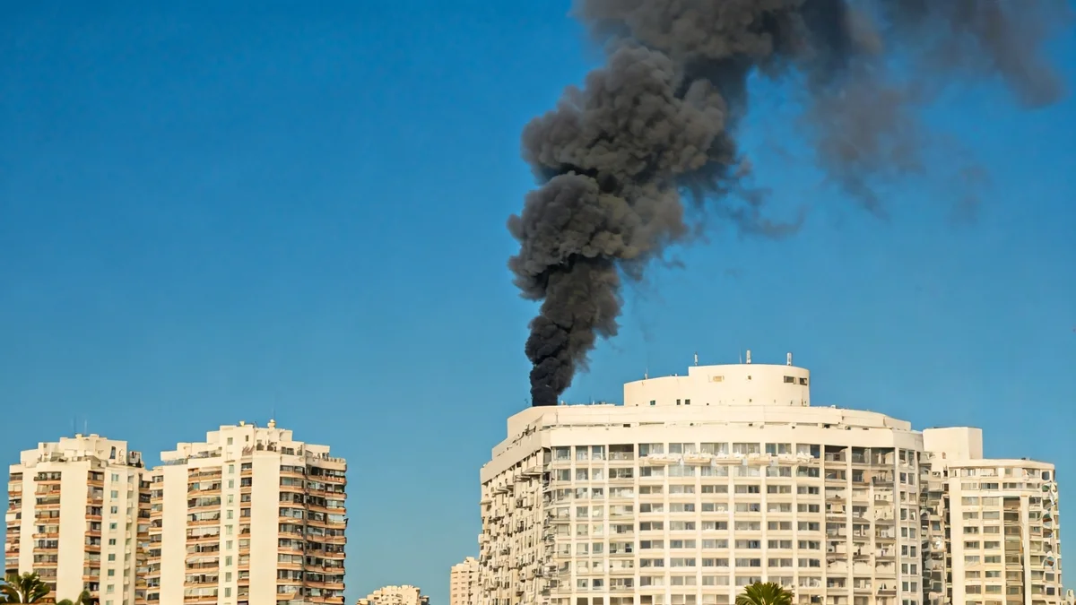 Imatge d'una columna de fum darrere d'un edifici modern a Alacant.