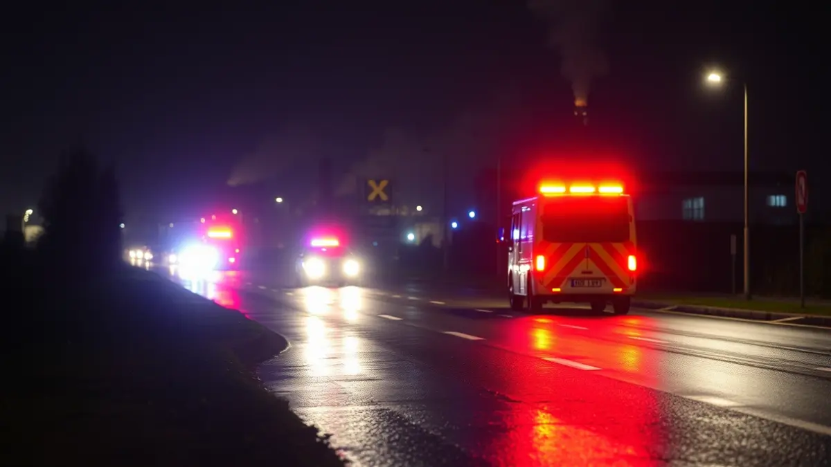 Generic image of emergency lights reflecting on a wet road at night, with blurred industrial buildings in the background and faint smoke visible.