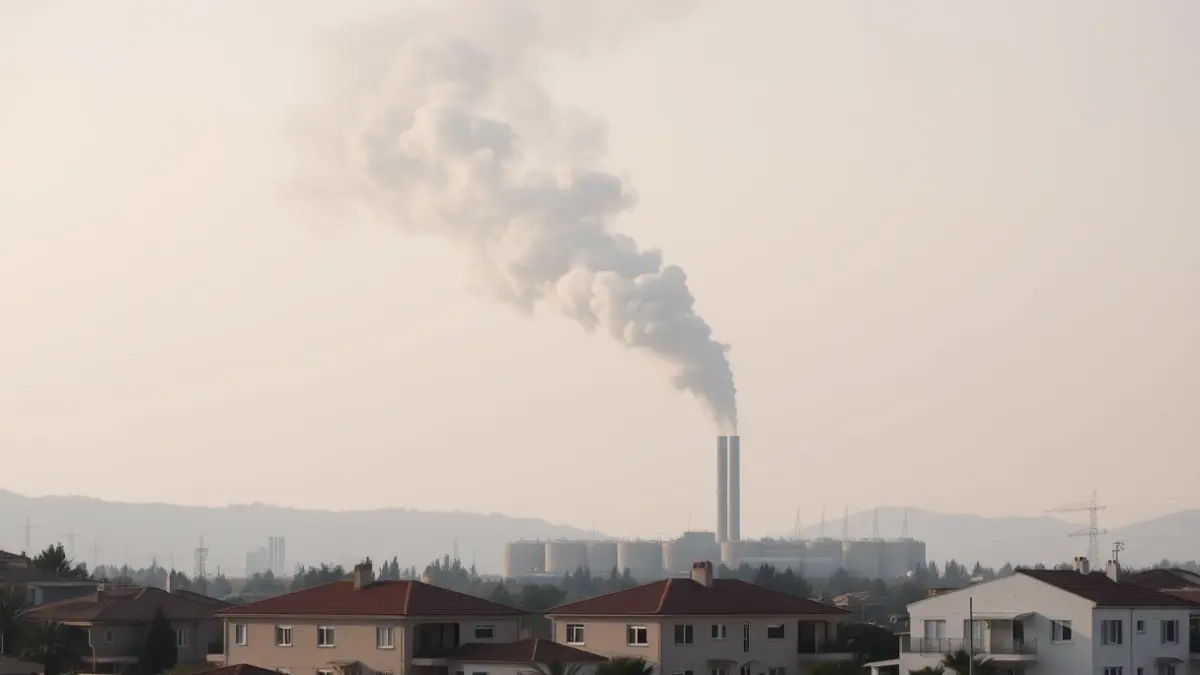 Imatge d'una columna de fum gris eixint d'una planta de reciclatge industrial, amb vivendes en primer pla, en un paisatge mediterrani.