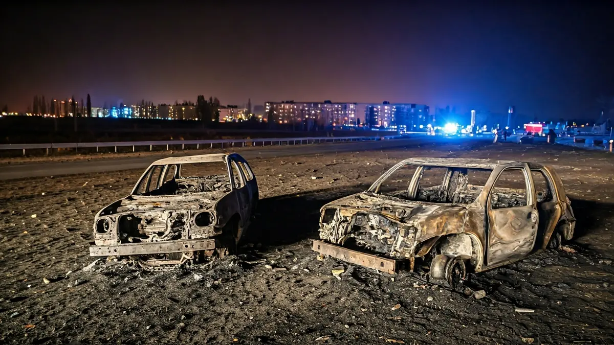 Image of two charred vehicles in a vacant lot in Vinaròs.