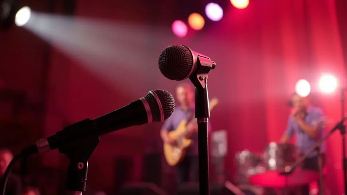 Imatge genèrica d'un micròfon en un escenari, amb instruments musicals desenfocats al fons i il·luminació càlida.