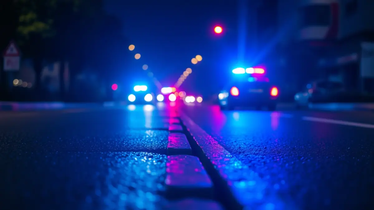 Generic image of emergency lights reflecting on wet asphalt at night.
