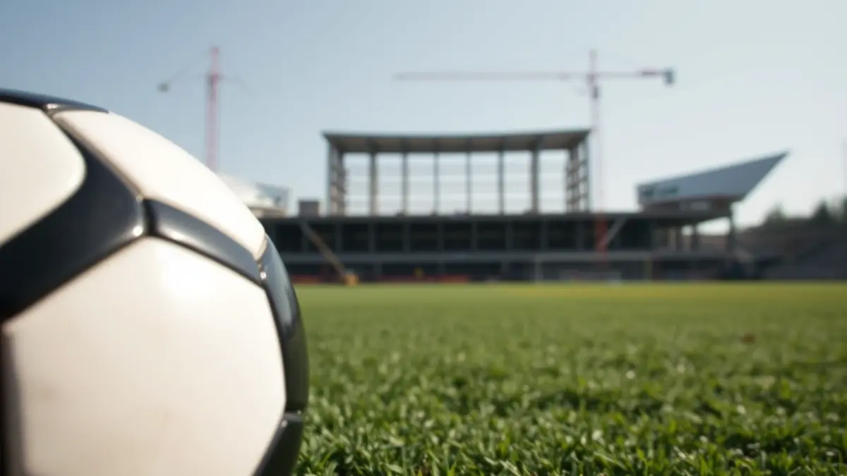 Image of a soccer ball on a field, with stadium construction in the background, symbolizing the building project.