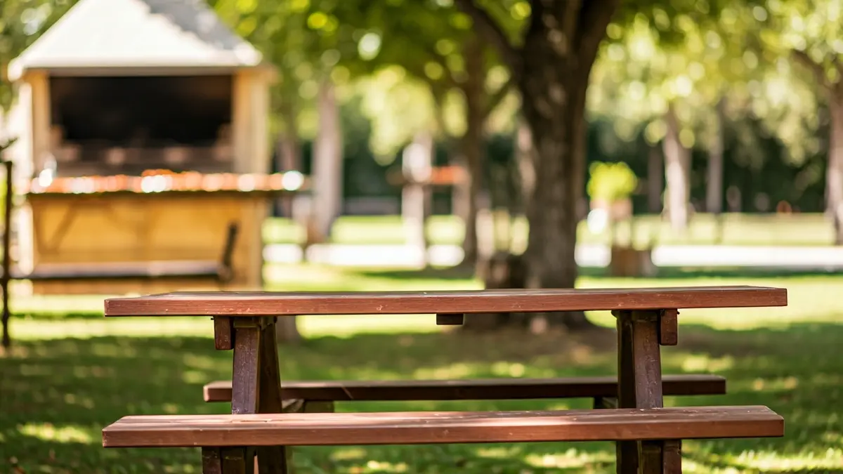 Generic image of a paella cooking area with picnic tables in a green park.
