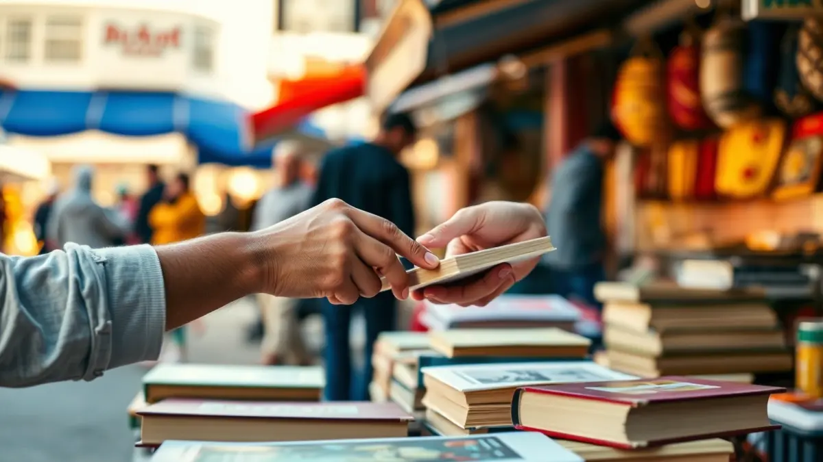 Imatge genèrica d'intercanvi de llibres en un mercat, amb mans passant llibres i fons desenfocat.