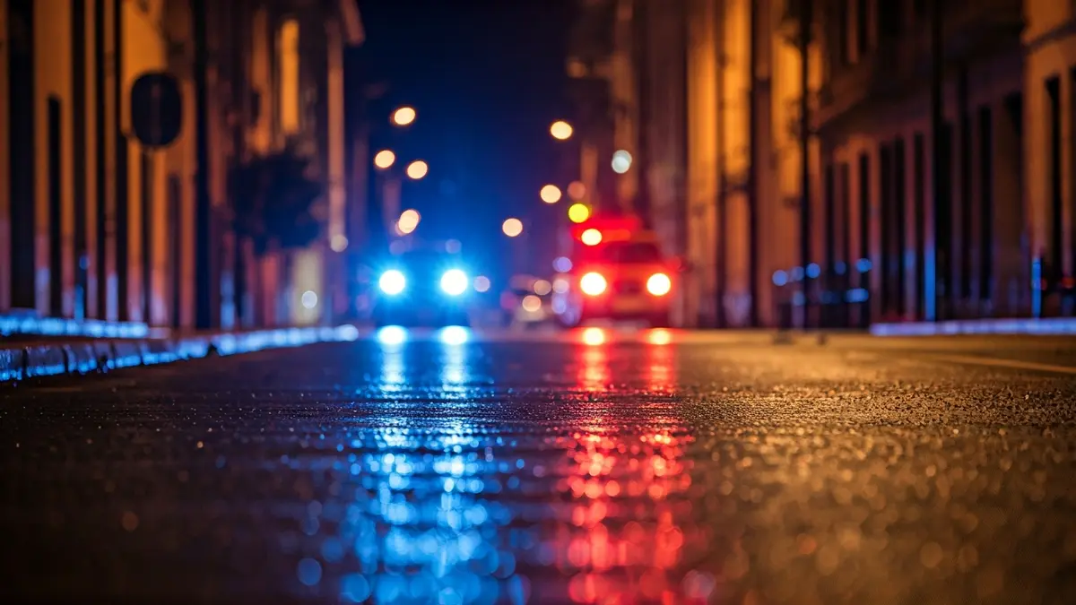Imatge genèrica de llums d'emergència reflectint-se sobre asfalt mullat de nit.