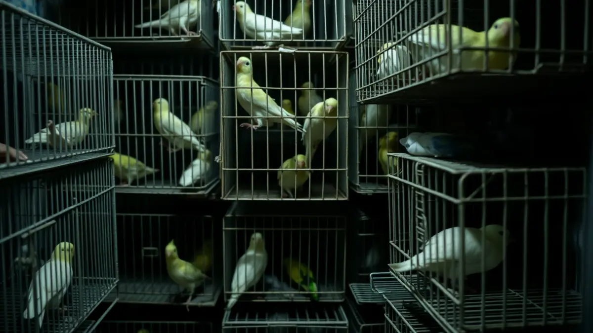 Imagen de aves en jaulas hacinadas y en condiciones insalubres.