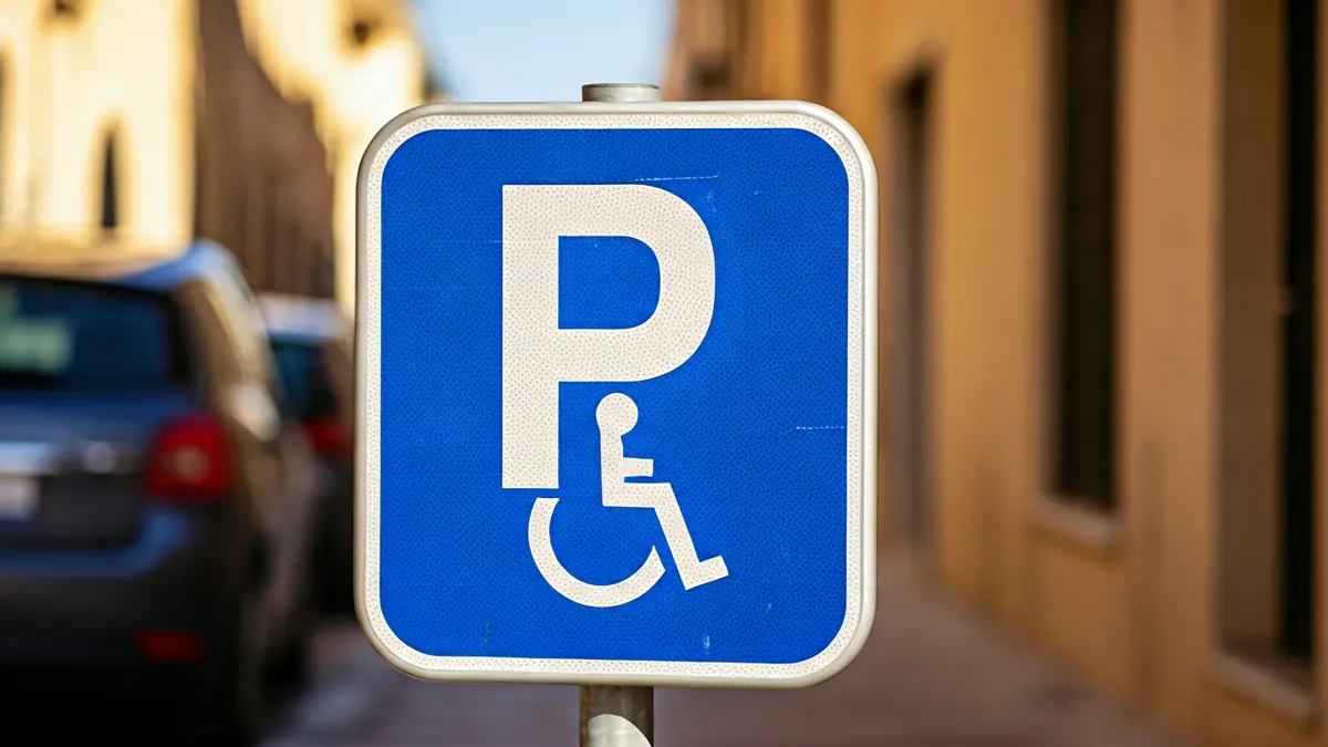 Imatge genèrica d'un senyal de trànsit de mobilitat reduïda amb un pneumàtic de cotxe en primer pla.