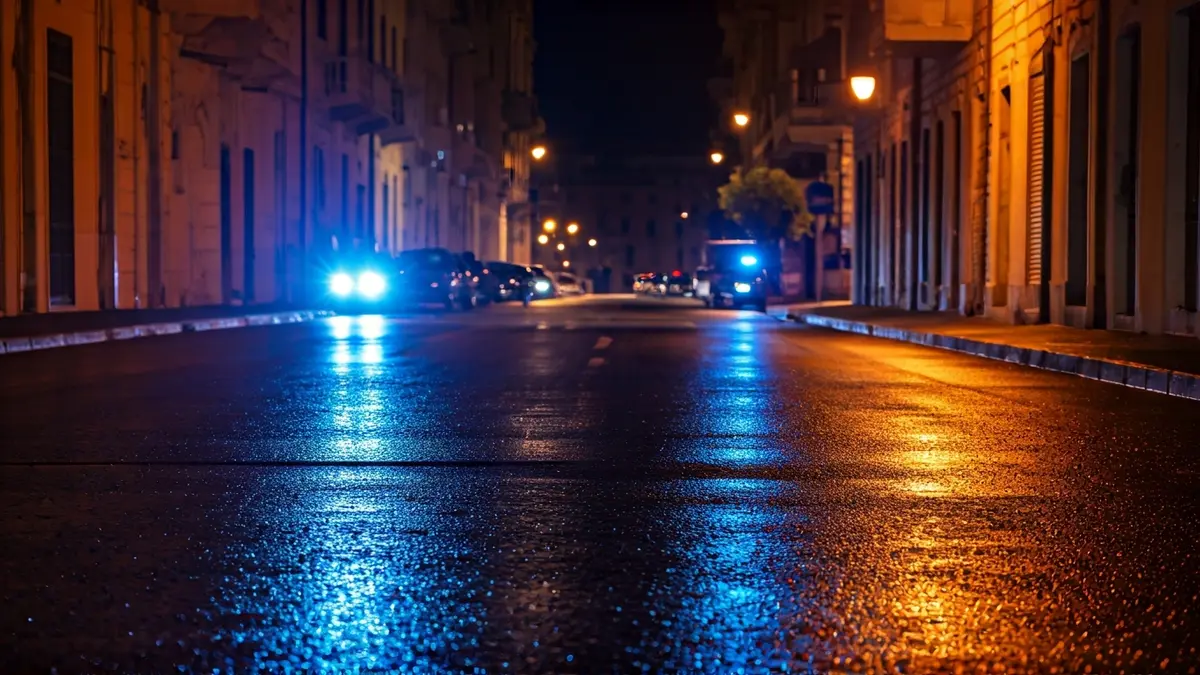 Imatge genèrica de llums d'emergència reflectint-se sobre asfalt mullat de nit.