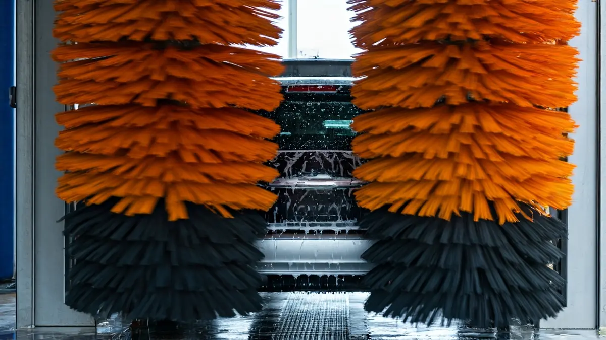 Imagen genérica de un túnel de lavado de vehículos en funcionamiento, con agua y jabón.