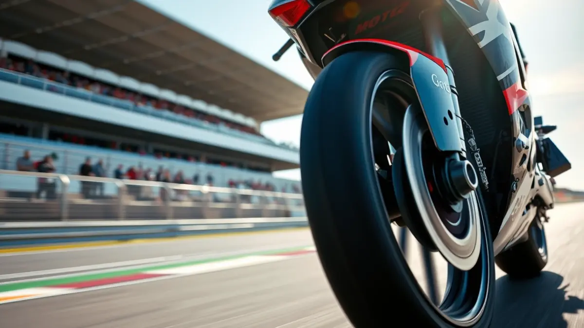 Imatge genèrica d'una roda davantera de motocicleta de Moto2 en un circuit de carreres.