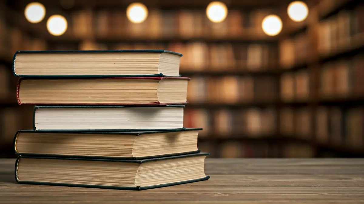 Imatge genèrica de llibres antics sobre un escritori de fusta, amb un fons desenfocat d'una biblioteca.
