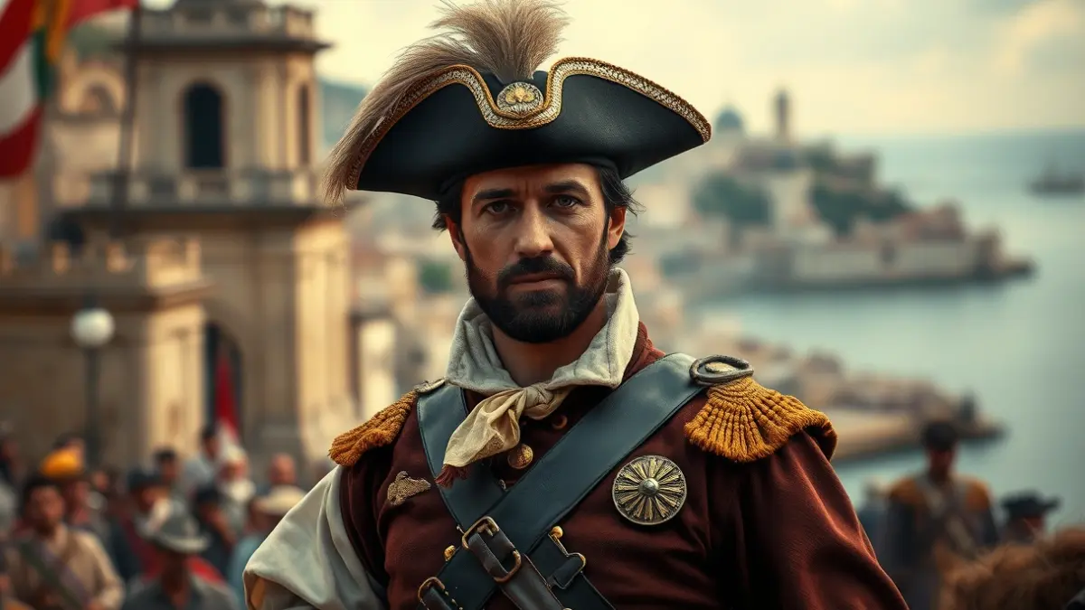 Imagen de un líder militar del siglo XVIII, con vestimenta de época, frente a una ciudad mediterránea borrosa.