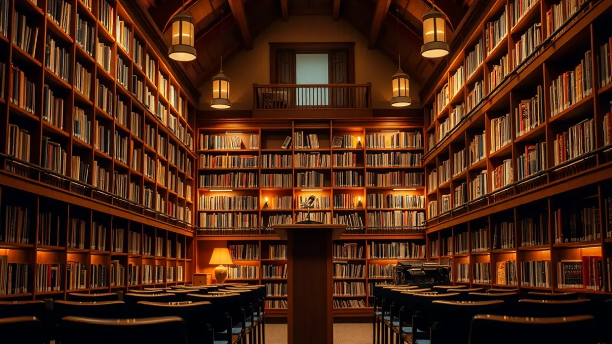 Generic image of a library with wooden bookshelves and a podium with a microphone, with a warm reading atmosphere.